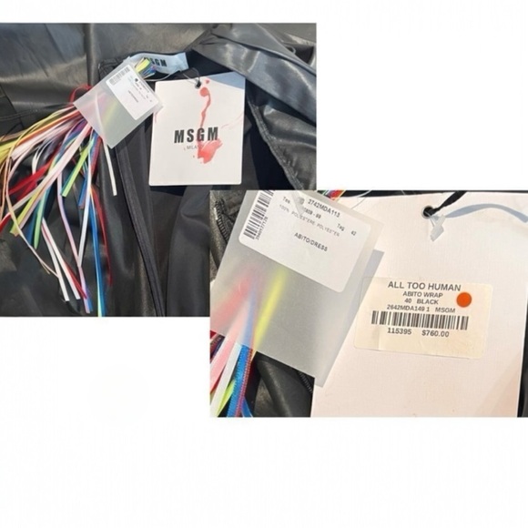 MSGM Satin High Shine Faux Wrap Asymmetrical  Puff Sleeve Bow Tie Mini Dress NEW - Picture 15 of 16